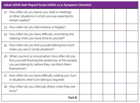 To gauge your ADHD symptoms, you can take this test questionnaire, based on a medically approved ADHD symptoms checklist and self-report scale: Advertisement Diagnosis of ADHD in adults